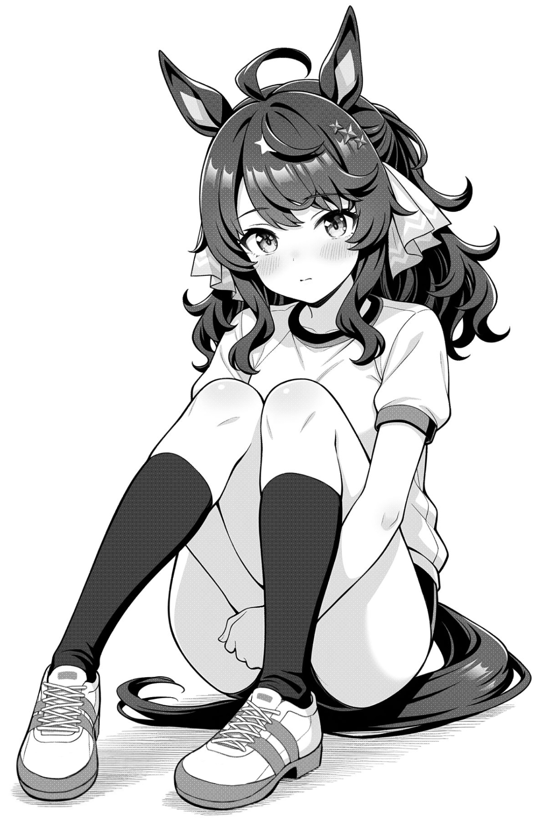 akagi koku, daring tact (umamusume), umamusume, commentary, highres, 1girl, ahoge, animal ears, blush, buruma, closed mouth, full body, greyscale, gym shirt, gym uniform, hair ribbon, horse ears, horse girl, horse tail, kneehighs, knees up, long hair, looking at viewer, monochrome, ribbon, shirt, shoes, short sleeves, simple background, sitting, sneakers, socks, solo, tail