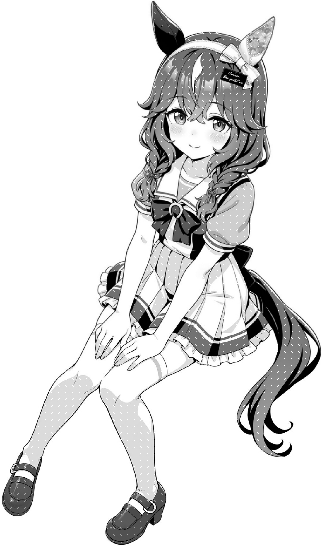 akagi koku, curren bouquetd'or (umamusume), umamusume, commentary, highres, 1girl, animal ears, back bow, blush, bow, bowtie, braid, closed mouth, collarbone, frilled skirt, frills, full body, greyscale, hairband, horse ears, horse girl, horse tail, long hair, looking at viewer, monochrome, pleated skirt, sailor collar, school uniform, shirt, shoes, short sleeves, simple background, sitting, skirt, smile, solo, tail, thighhighs, tracen school uniform, twin braids, zettai ryouiki