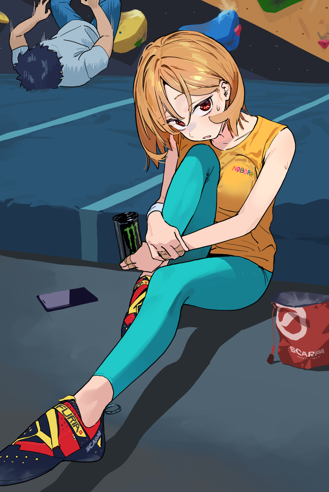 some1else45, sekoshi (some1else45), monster energy, original, commentary, highres, 1boy, 1girl, blue hair, blue pants, breasts, can, cellphone, chaucer (some1else45), falling, holding, holding can, looking at viewer, medium breasts, motion lines, orange hair, pants, phone, shirt, shoes, short hair, sitting, sleeveless, sleeveless shirt