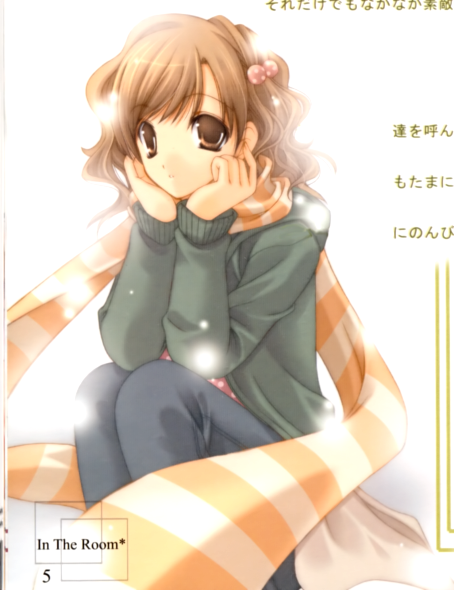 highres, scan, 1girl, brown hair, curly hair, denim, female focus, hair bobbles, hair ornament, jeans, looking at viewer, pants, scarf, sitting, solo, striped clothes, striped scarf, sweater, thinking