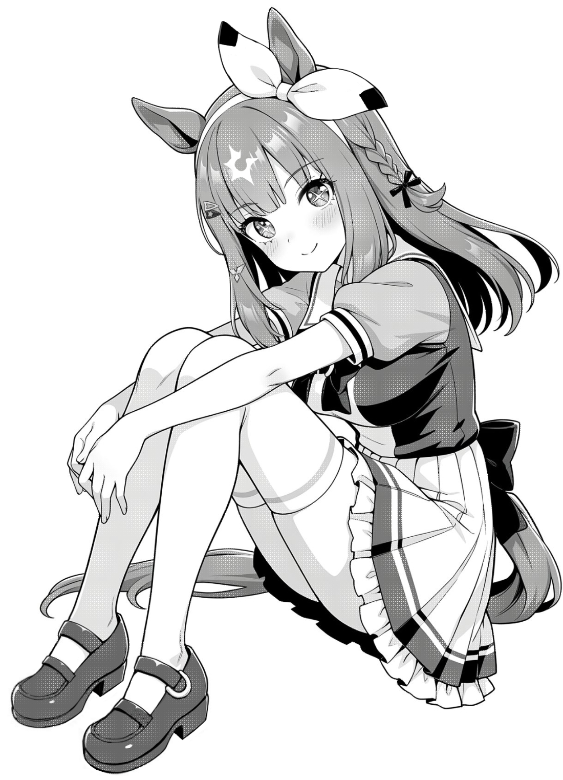akagi koku, almond eye (umamusume), umamusume, commentary, highres, + +, 1girl, animal ears, back bow, blush, bow, bow hairband, bowtie, braid, closed mouth, frilled skirt, frills, full body, greyscale, hairband, horse ears, horse girl, horse tail, hugging own legs, knees up, long hair, looking at viewer, monochrome, pleated skirt, sailor collar, school uniform, shirt, shoes, short sleeves, simple background, sitting, skirt, smile, solo, tail, thighhighs, tracen school uniform