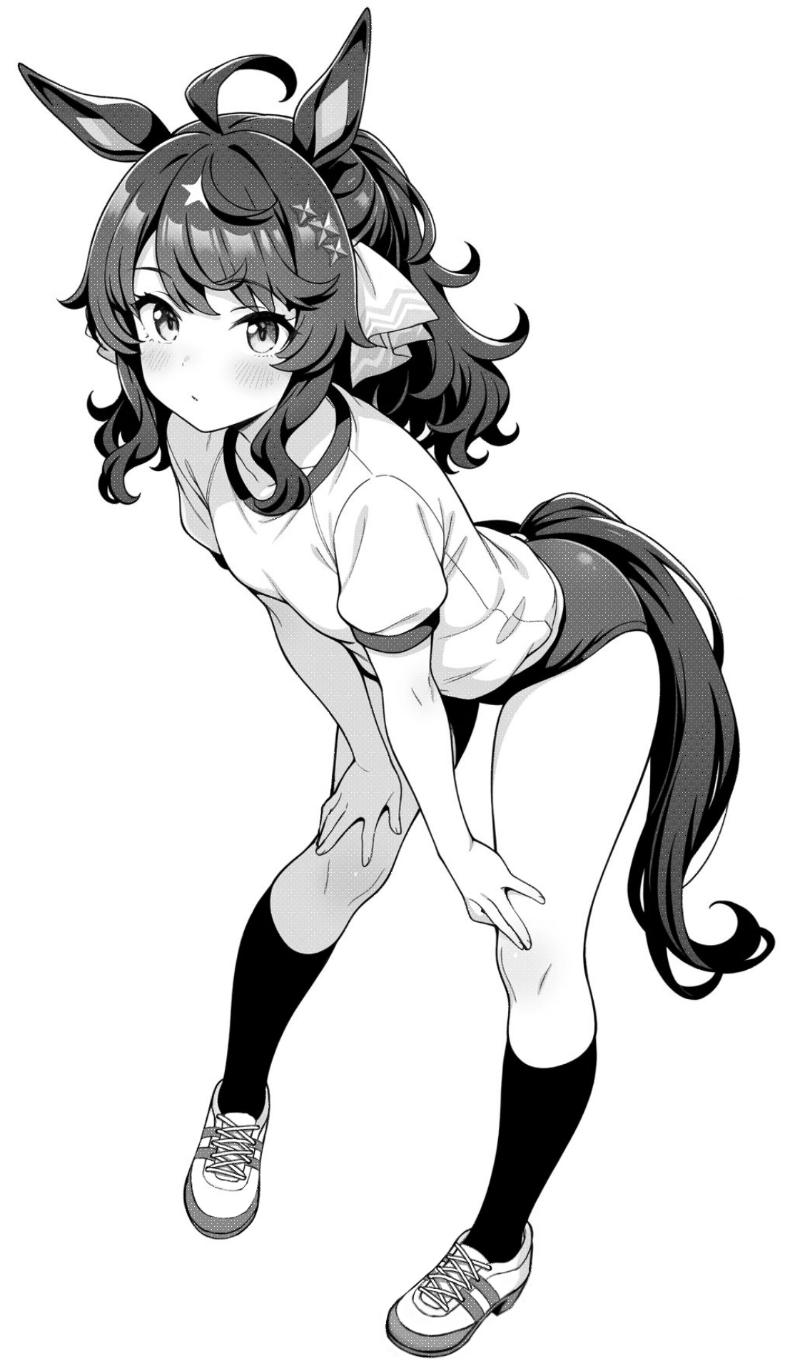 akagi koku, daring tact (umamusume), umamusume, commentary, highres, 1girl, ahoge, animal ears, blush, buruma, closed mouth, full body, greyscale, gym shirt, gym uniform, hair ribbon, horse ears, horse girl, horse tail, leaning forward, long hair, monochrome, ribbon, shirt, shoes, short sleeves, simple background, sneakers, socks, solo, standing, tail