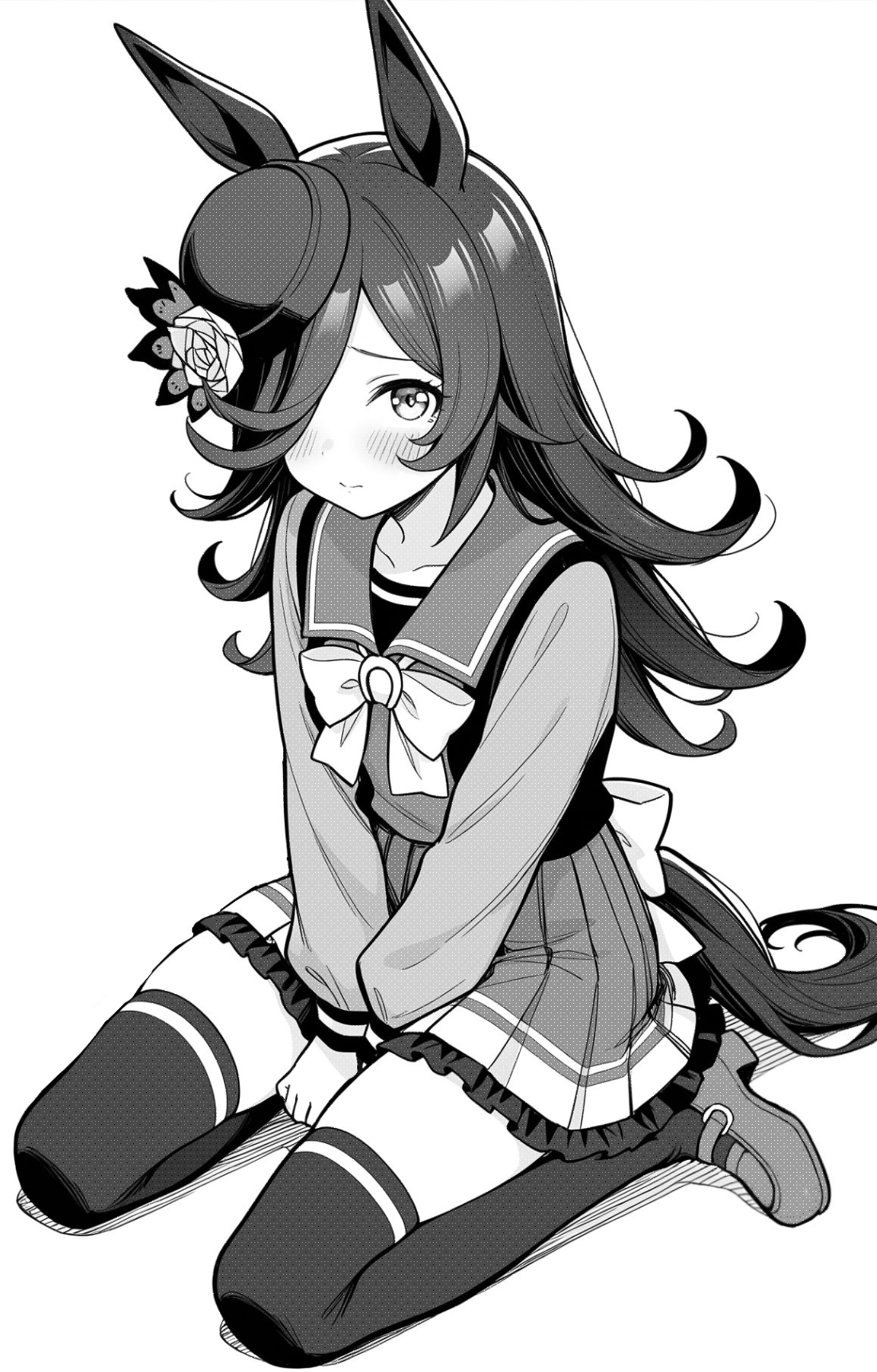 akagi koku, rice shower (umamusume), umamusume, commentary, highres, 1girl, animal ears, back bow, blush, bow, bowtie, closed mouth, collarbone, frilled skirt, frills, full body, greyscale, hair over one eye, hat, horse ears, horse girl, horse tail, long hair, long sleeves, looking at viewer, monochrome, pleated skirt, sailor collar, school uniform, shirt, shoes, simple background, sitting, skirt, solo, tail, thighhighs, tracen school uniform, wariza, white shirt, zettai ryouiki