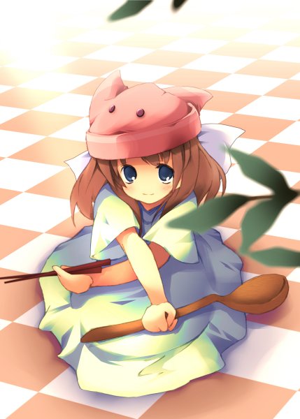 1girl, blue eyes, brown hair, chopsticks, female focus, hat, leaf, solo, spoon