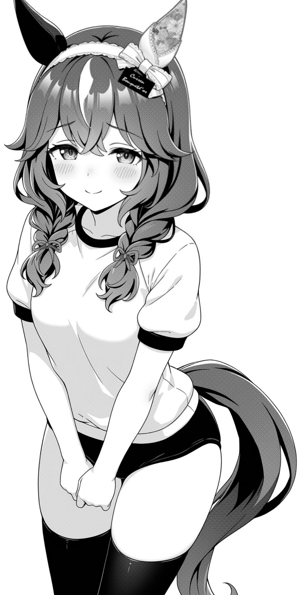 akagi koku, curren bouquetd'or (umamusume), umamusume, commentary, highres, 1girl, animal ears, blush, braid, buruma, closed mouth, collarbone, cowboy shot, greyscale, gym shirt, gym uniform, hair between eyes, hairband, horse ears, horse girl, horse tail, long hair, monochrome, shirt, short sleeves, simple background, smile, solo, tail, thighhighs, twin braids
