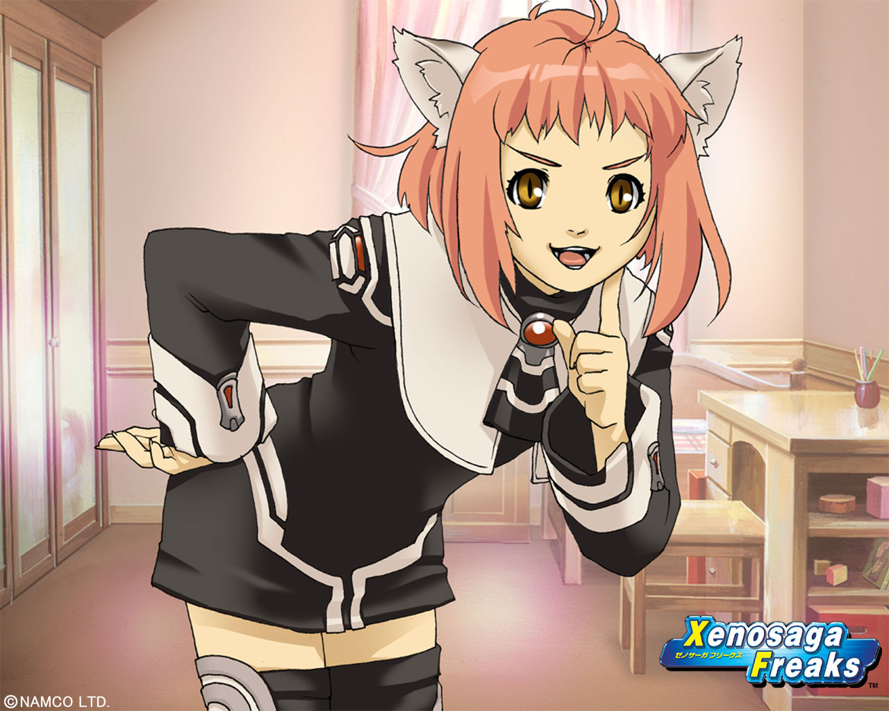 momo mizrahi, namco, xenosaga, xenosaga freaks, 00s, 1girl, animal ears, cat ears, female focus, orange hair, solo, thighhighs, yellow eyes, zettai ryouiki