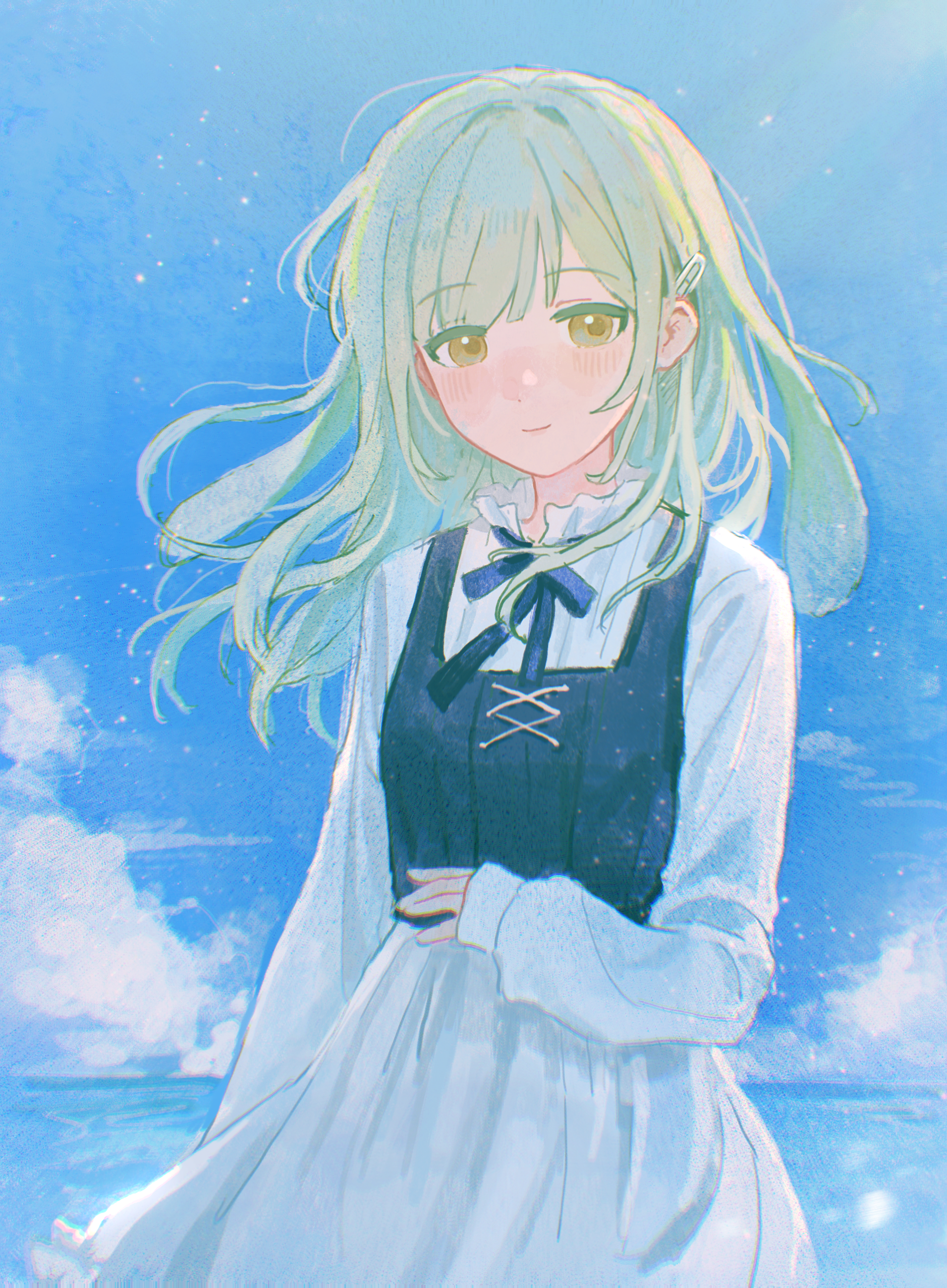 wakaba mutsumi, arknights, bang dream!, bang dream! it's mygo!!!!!, absurdres, chinese commentary, commentary request, highres, 1girl, animal ears, blue ribbon, blue shirt, blue sky, closed mouth, cloud, cowboy shot, dress, floppy ears, green hair, long hair, long sleeves, looking at viewer, mei da mei xiao tun, neck ribbon, outdoors, rabbit ears, rabbit girl, ribbon, shirt, sidelocks, sky, sleeves past wrists, smile, solo, standing, wakaba mutsumi (marionette's id), white dress, yellow eyes