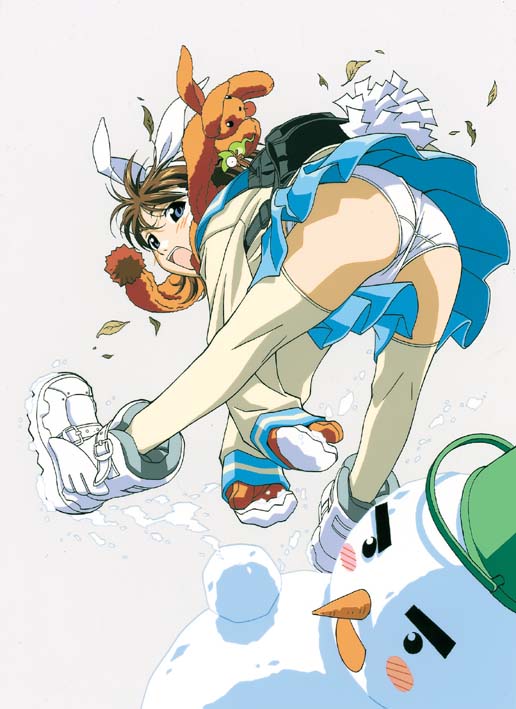 watanabe akio, 1girl, ass, female focus, kneepits, mittens, orange scarf, panties, scarf, snowman, solo, thighhighs, underwear