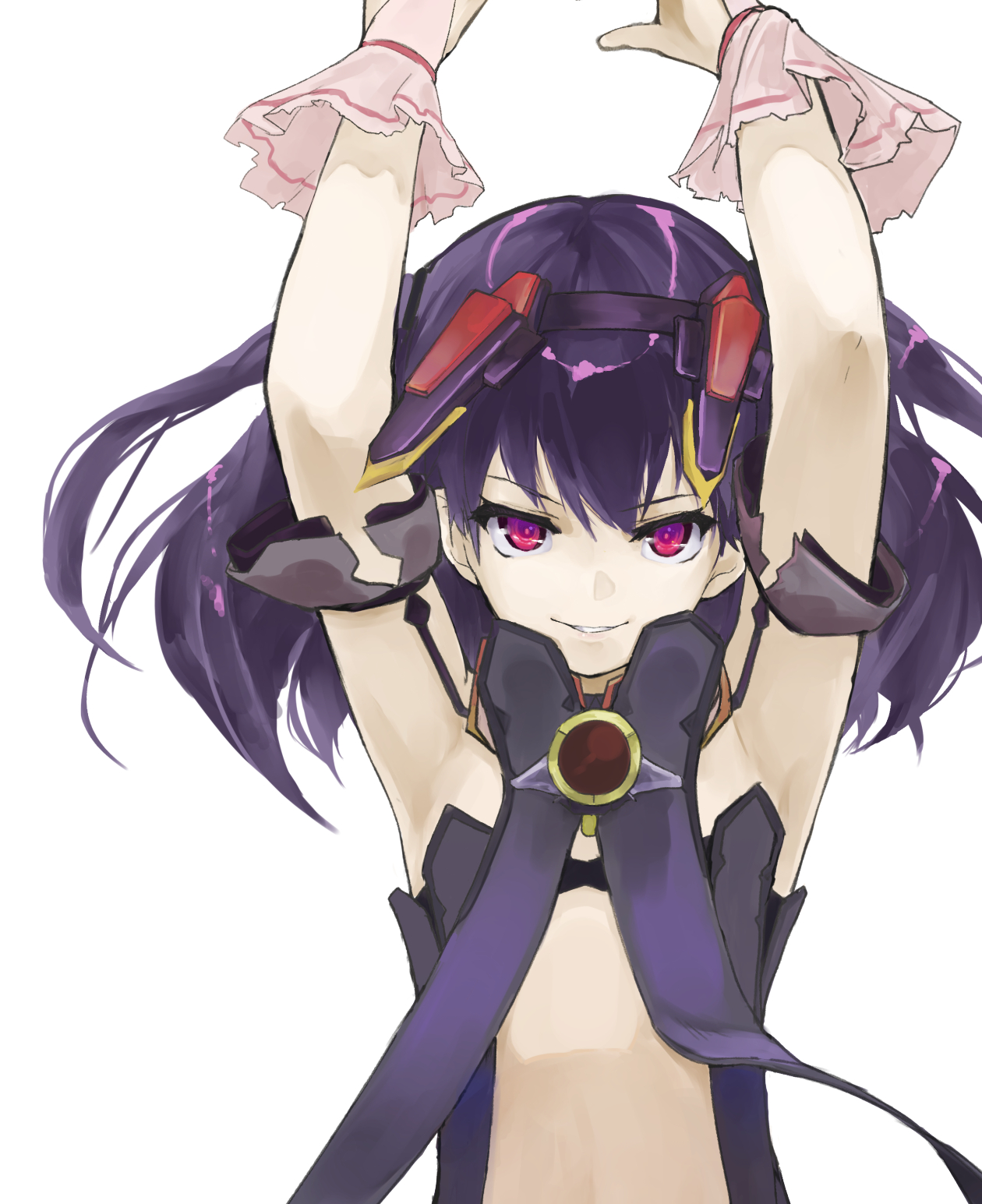 minutachi, pharsalia, kai-ri-sei million arthur, million arthur (series), highres, 1girl, armpits, arms up, black shirt, breasts, clothing cutout, evil smile, frilled wristband, horns, mechanical horns, navel, off-shoulder shirt, off shoulder, purple eyes, purple hair, shirt, small breasts, smile, solo, stomach cutout, two side up, white background