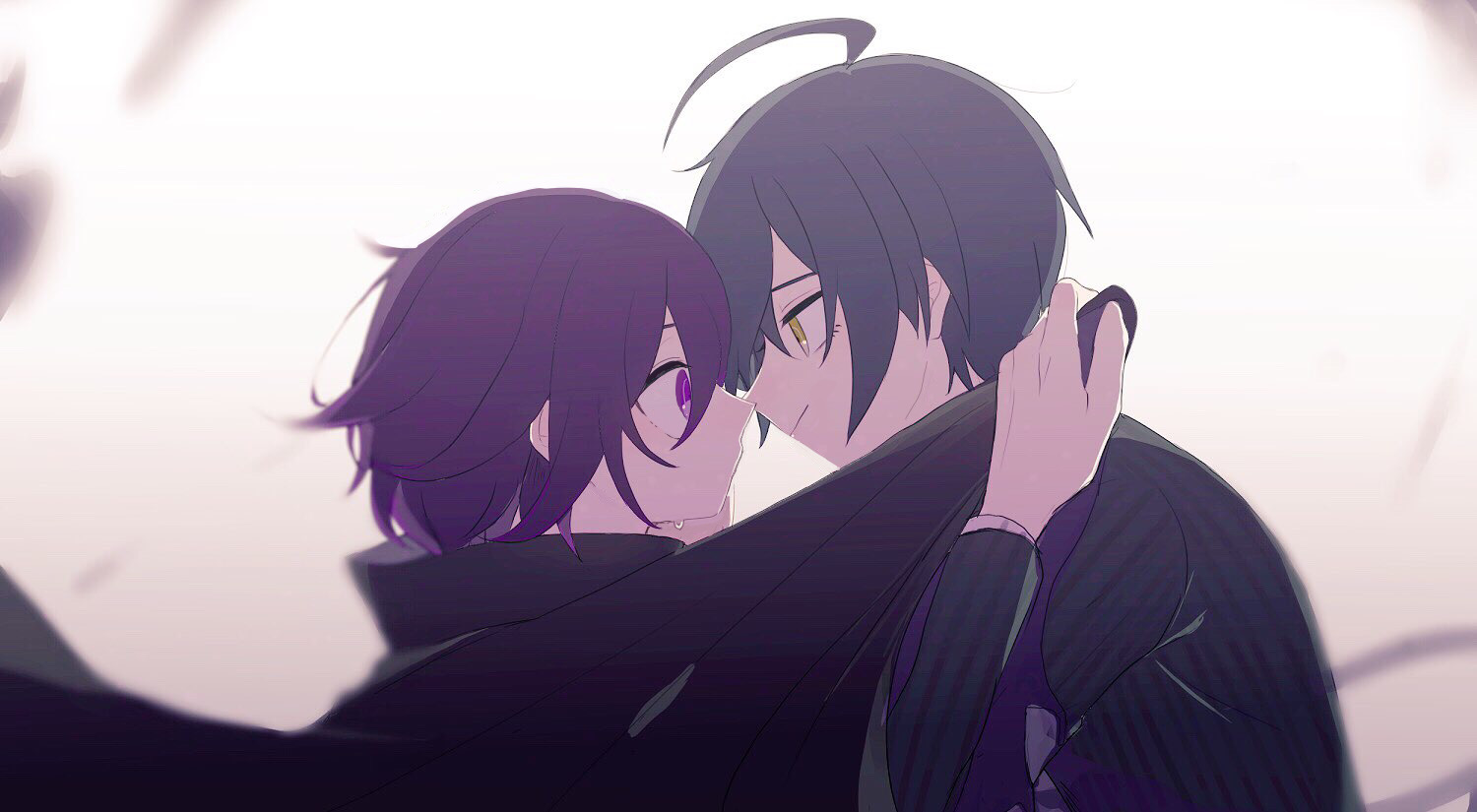 oma kokichi, saihara shuichi, danganronpa (series), danganronpa v3: killing harmony, commentary request, 2boys, ahoge, backlighting, black cape, black hair, black jacket, cape, eyelashes, flipped hair, from side, hair between eyes, jacket, long sleeves, looking at viewer, male focus, multiple boys, noses touching, profile, pulling another's clothes, purple eyes, purple hair, short hair, simple background, smile, striped clothes, striped jacket, tears, upper body, wide-eyed, yaoi, yellow eyes, yomizidoriymp