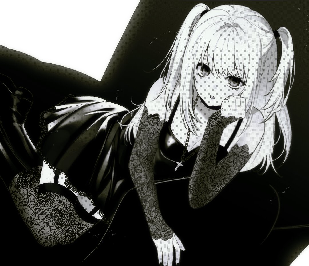 amane misa, death note, 1girl, armchair, black boots, black choker, black dress, black garter straps, black nails, boots, chain, chain necklace, chair, choker, cross, cross necklace, curtained hair, dress, elbow gloves, fingerless gloves, foot out of frame, garter straps, gloves, greyscale, hand on own face, jewelry, lace, lace-trimmed dress, lace gloves, lace thighhighs, lace trim, long hair, looking at viewer, monochrome, necklace, on chair, parted lips, sitting, so seo, solo, spaghetti strap, swept bangs, thighhighs, two side up, white background