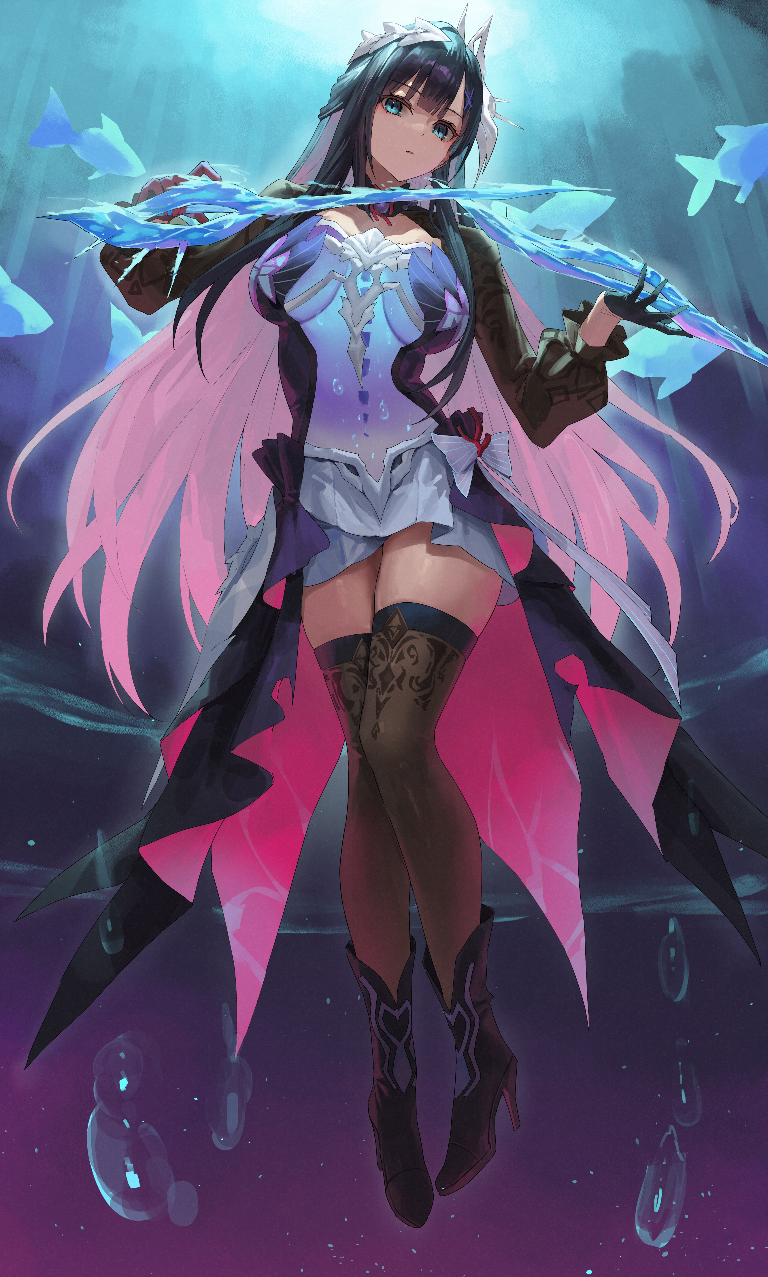 yamanokami eaka, hysilens (honkai: star rail), honkai: star rail, honkai (series), absurdres, highres, 1girl, ankle boots, aqua eyes, black boots, black gloves, black hair, black thighhighs, boots, dress, fish, full body, gloves, high heel boots, high heels, holding, holding weapon, long hair, long sleeves, looking at viewer, parted lips, solo, thighhighs, thighs, weapon