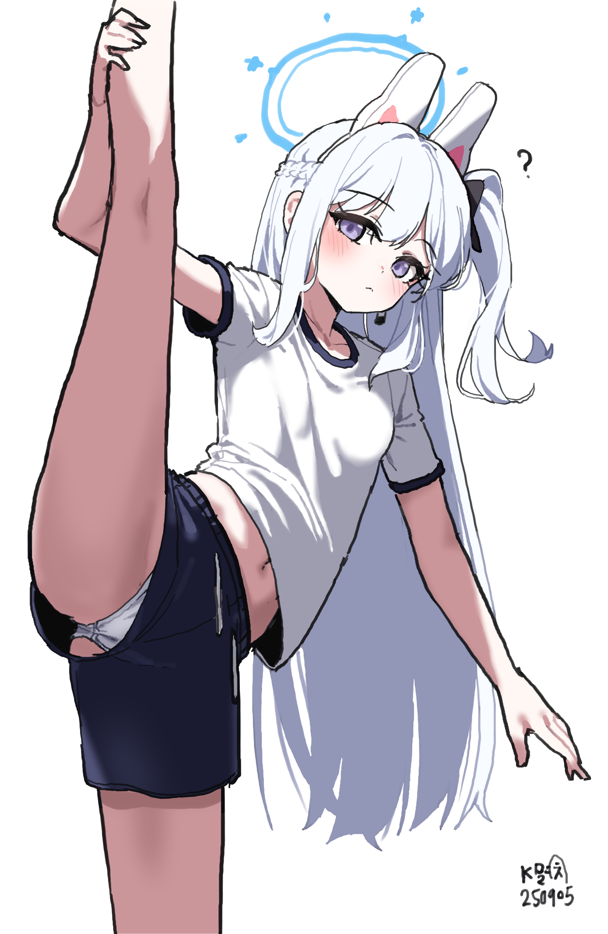 myeolchi, miyako (blue archive), blue archive, absurdres, highres, 1girl, ?, alternate costume, animal ears, blue halo, blue shorts, blush, braid, breasts, closed mouth, dated, fake animal ears, grey hair, gym shirt, gym uniform, halo, kneepits, leg up, long hair, looking at viewer, navel, one side up, panties, purple eyes, rabbit ears, shirt, short sleeves, shorts, simple background, small breasts, solo, split, standing, standing on one leg, standing split, underwear, white background, white hair, white panties, white shirt