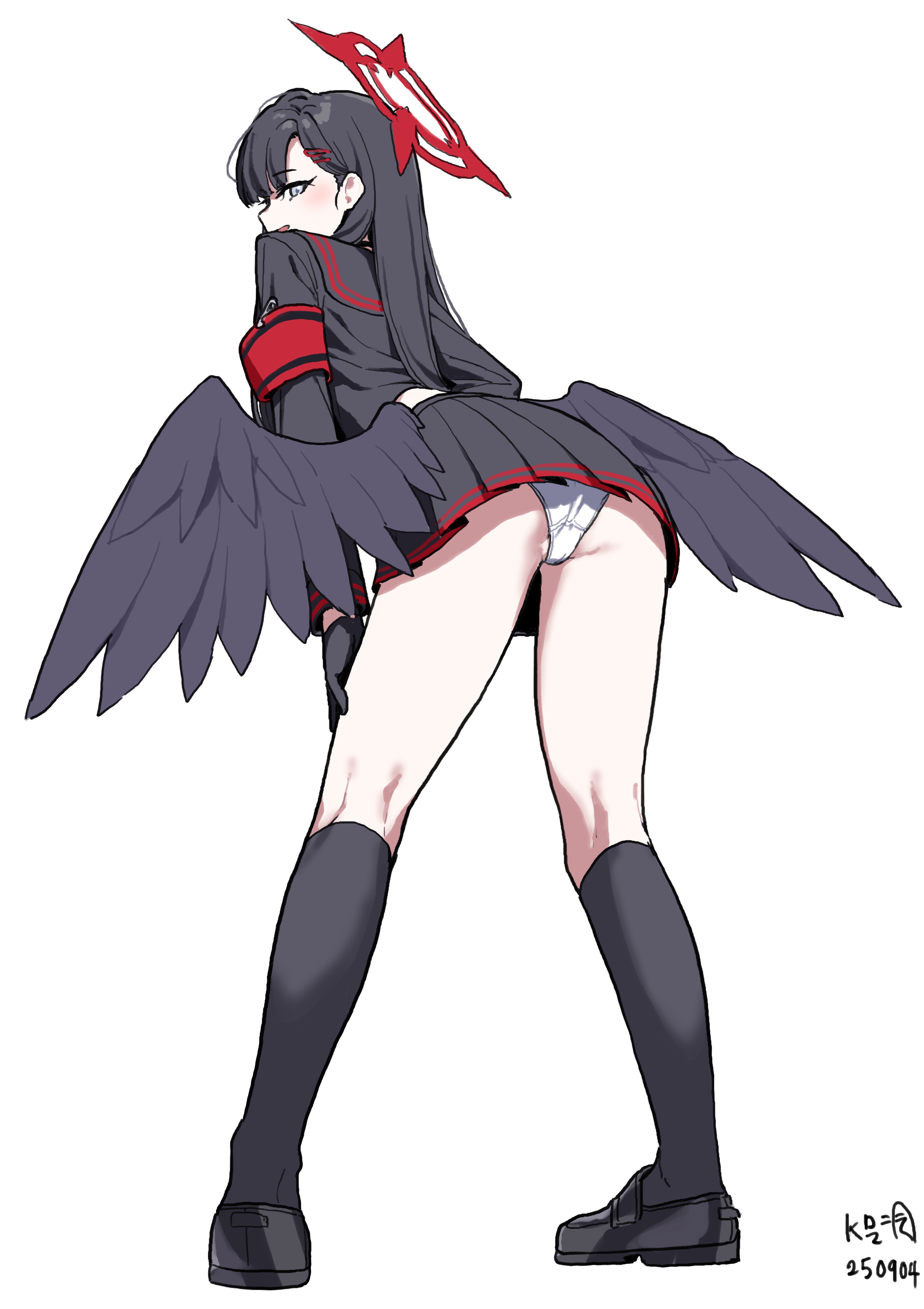 myeolchi, ichika (blue archive), blue archive, absurdres, commentary, highres, 1girl, armband, ass, black hair, black serafuku, black shoes, black skirt, black wings, blue eyes, dated, from behind, full body, hair ornament, hairclip, halo, loafers, long hair, looking at viewer, looking back, low wings, panties, pantyshot, pleated skirt, red armband, red halo, school uniform, serafuku, shoes, signature, simple background, skirt, solo, standing, underwear, white background, white panties, wings