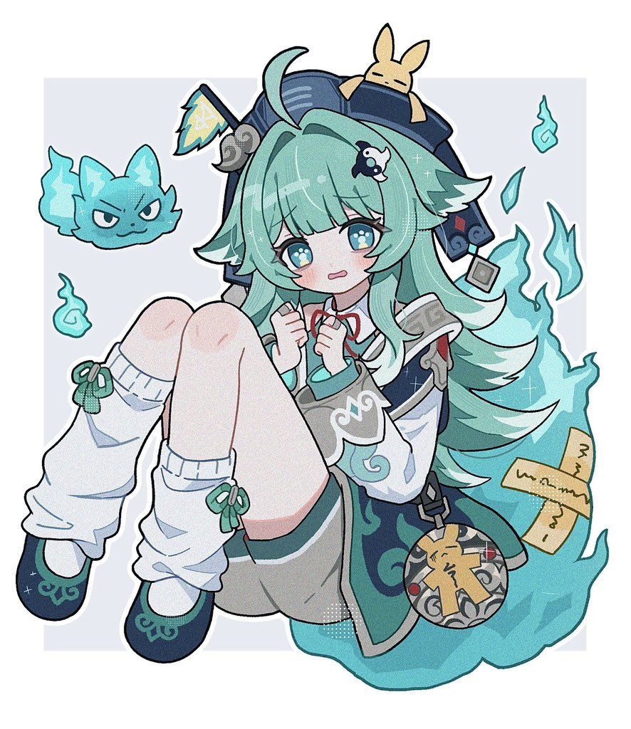 omuyan, huohuo (honkai: star rail), honkai: star rail, honkai (series), commentary, 1girl, ahoge, black shoes, blue hat, blunt bangs, blush, border, collared shirt, fire, full body, furrowed brow, green hair, grey background, grey shorts, hands up, hat, long hair, long sleeves, looking at viewer, loose socks, open mouth, outside border, paw-shaped pupils, shirt, shoes, shorts, simple background, socks, solo, symbol-shaped pupils, white border, white shirt, white socks
