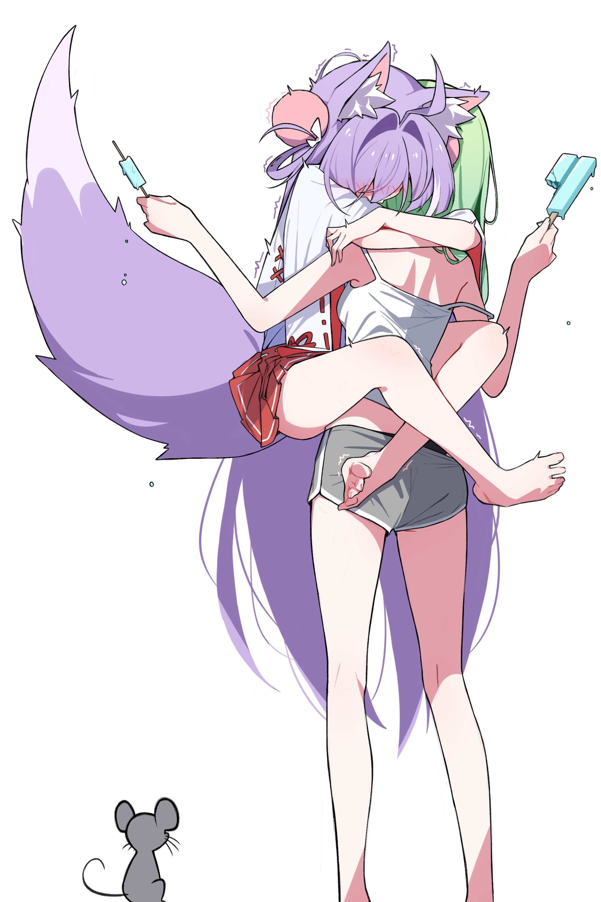 mmhomm, tenko shibuki, yuzuha riko, stellive, blush visible through hair, absurdres, hashtag-only commentary, highres, 2girls, ahoge, animal, animal ear fluff, animal ears, arms around neck, black panties, camisole, dolphin shorts, feet out of frame, food, fox ears, fox girl, fox tail, green hair, grey camisole, grey shorts, hair intakes, hair ornament, hands up, holding, holding food, holding popsicle, hug, legs up, long hair, melting popsicle, miniskirt, motion lines, mouse (animal), multiple girls, panties, pleated skirt, popsicle, purple eyes, red skirt, scared, shirt, short shorts, shorts, simple background, skirt, sphere hair ornament, standing, strap slip, tail, three-quarter sleeves, trembling, underwear, very long hair, virtual youtuber, white background, white shirt