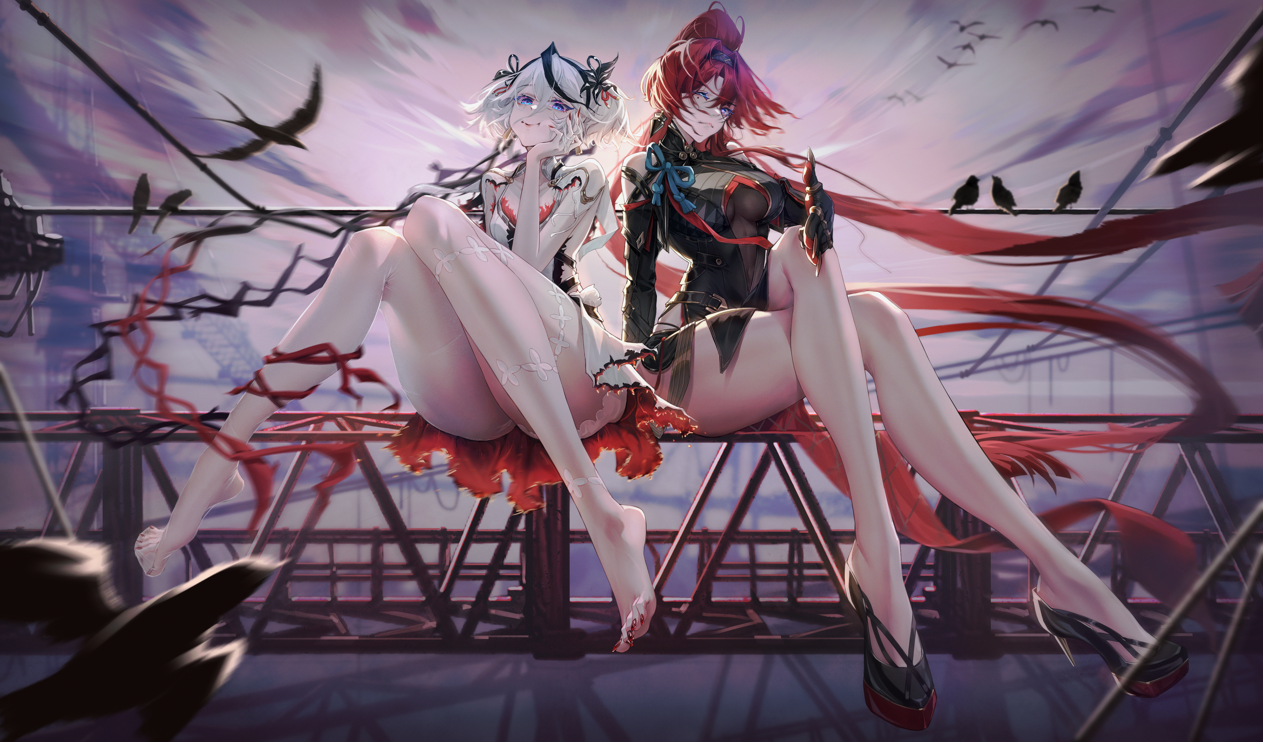by.qlp, camellya (wuthering waves), yinlin (wuthering waves), wuthering waves, absurdres, highres, 2girls, bare shoulders, black bodysuit, black eyes, black flower, black gloves, black hairband, blake bloom (wuthering waves), bodysuit, breasts, circle facial mark, clothing cutout, collar, collarbone, dress, earrings, flower, gloves, gold earrings, hair between eyes, hair flower, hair intakes, hair ornament, hair ribbon, hairband, high ponytail, jewelry, legs, looking at viewer, mark under both eyes, medium breasts, multiple girls, pantyhose, ponytail, purple eyes, red hair, red pupils, red ribbon, ribbon, short hair, short twintails, single leg pantyhose, sitting, smile, thighs, twintails, white collar, white dress, white hair, white pantyhose