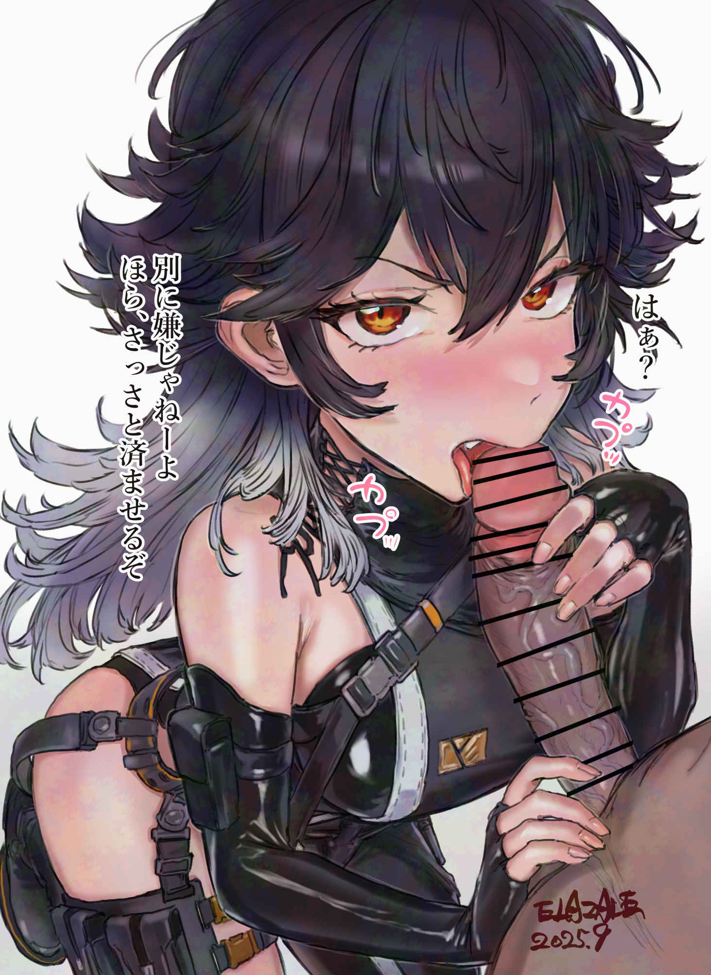 elazale, k (nikke), goddess of victory: nikke, highres, 1girl, arm pouch, bar censor, bare shoulders, black gloves, black hair, blush, bodysuit, breasts, censored, elbow gloves, erection, fellatio, fingerless gloves, gloves, hair between eyes, hetero, large breasts, licking, licking penis, long hair, looking at viewer, multicolored hair, open mouth, oral, orange eyes, penis, pouch, shiny skin, simple background, single leg bodysuit, sleeveless, sleeveless bodysuit, solo focus, thigh pouch, two-tone hair, white background, white hair