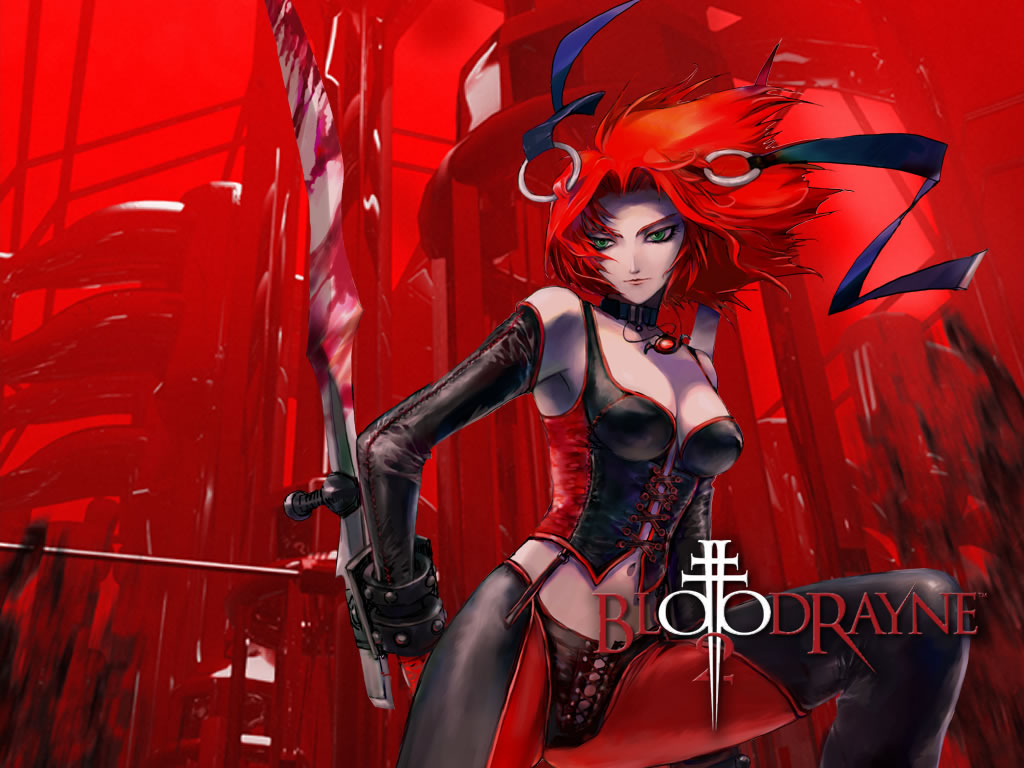 bloodrayne, bloodrayne (videogame), 1girl, armor, blood, bow, breasts, choker, cleavage, collar, dhampir, elbow gloves, female focus, gloves, green eyes, half-human, jewelry, large breasts, leather, lingerie, necklace, red hair, red theme, ribbon, solo, thighhighs, undead, underwear, vampire