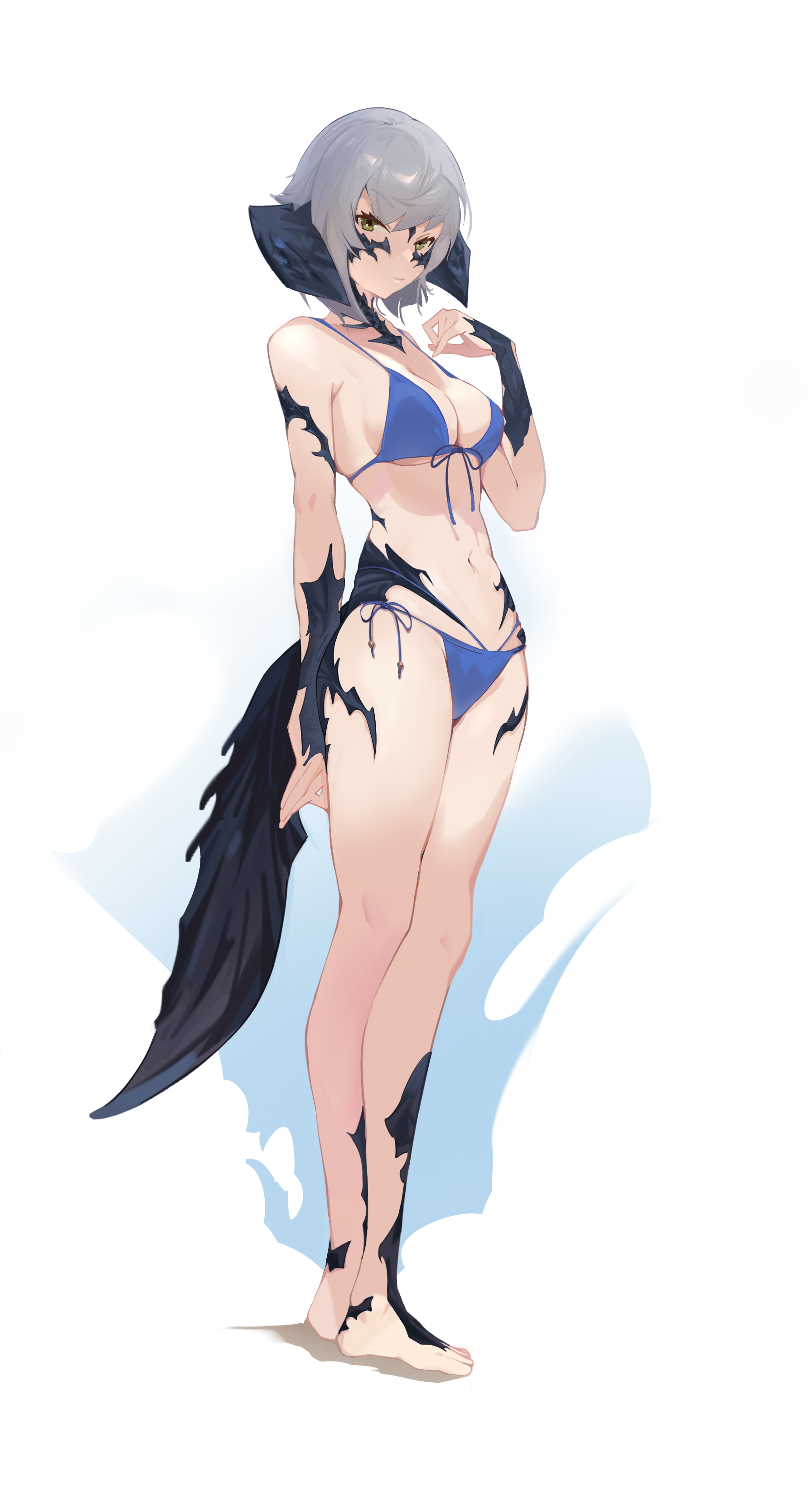 final fantasy, final fantasy xiv, absurdres, character request, highres, 1girl, bikini, blue bikini, breasts, cleavage, cryani, front-tie bikini top, front-tie top, green eyes, grey hair, horns, long hair, looking at viewer, medium breasts, navel, skindentation, solo, standing, stomach, swimsuit, tail, thighs, white background