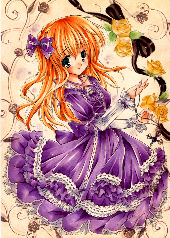 yukiwo, painting (medium), traditional media, watercolor (medium), 1girl, aqua eyes, bow, cross, dress, female focus, flower, frilled dress, frills, fukunoren, hair bow, hair ribbon, latin cross, long hair, orange hair, purple dress, ribbon, solo