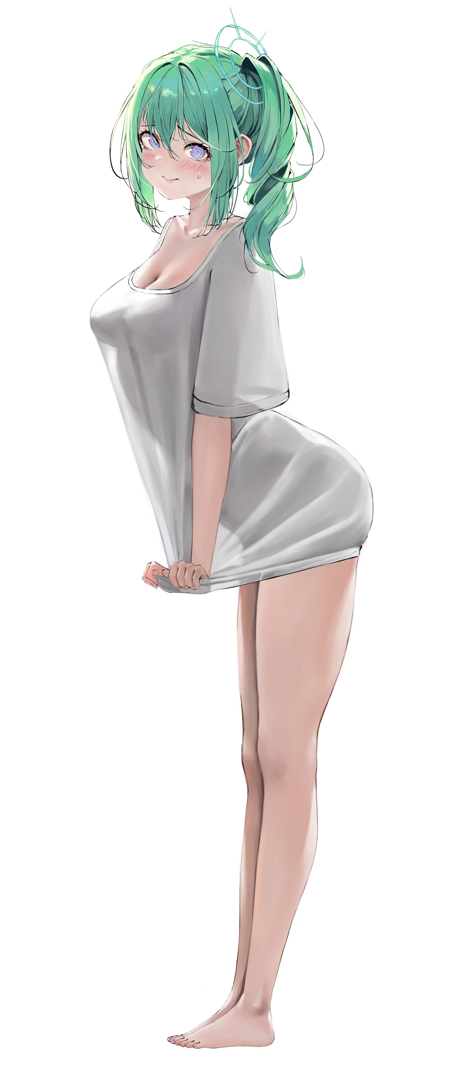 nonekong, yuzuha riko, stellive, absurdres, commentary request, highres, korean commentary, 1girl, @ @, aqua hair, bare legs, barefoot, blue eyes, blush, breasts, cleavage, closed mouth, collarbone, embarrassed, from side, full body, green hair, grey shirt, hair between eyes, large breasts, long bangs, long hair, long shirt, looking at viewer, medium breasts, medium hair, naked shirt, oversized clothes, oversized shirt, purple eyes, raised inner eyebrows, scoop neck, see-through silhouette, shirt, shirt tug, short sleeves, side ponytail, simple background, smile, solo, standing, sweatdrop, t-shirt, three-quarter sleeves, virtual youtuber, white background, white shirt, wide sleeves