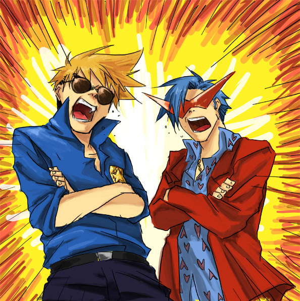 kamina (ttgl), kittan bachika, double k, miami vice, tengen toppa gurren lagann, 2boys, crossed arms, garhalla vice, kamina shades, male focus, multiple boys, parody, police, sunglasses, triangular eyewear