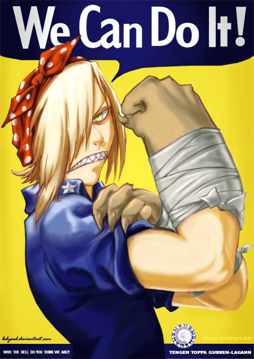 noijitatan monkeybird, rosie the riveter, viral (ttgl), tengen toppa gurren lagann, we can do it!, 1boy, bandana, blonde hair, bras d'honneur, hair over one eye, hand on own arm, male focus, parody, poster (medium), propaganda, sharp teeth, short hair, solo, teeth, united states, yellow eyes