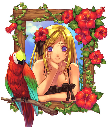 hirano katsuyuki, lowres, 1girl, bird, blonde hair, female focus, flower, hibiscus, parrot, purple eyes, solo, tropical, white background
