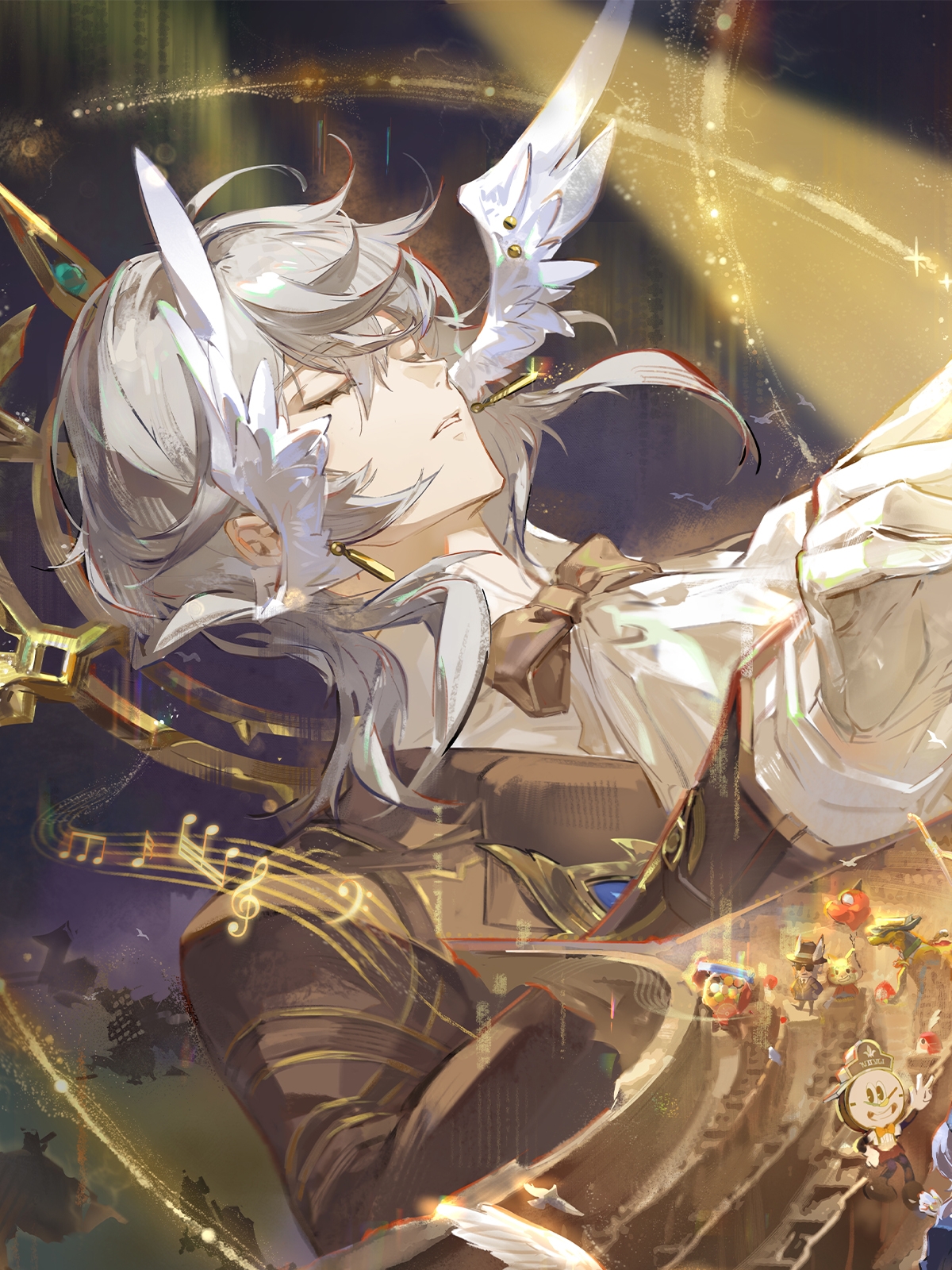 qingming tiaohetu, clockie (honkai: star rail), misha (honkai: star rail), sunday (honkai: star rail), sunday (star rail live 2025) (honkai: star rail), honkai: star rail, honkai (series), chinese commentary, commentary request, highres, 2boys, ascot, bird, black bow, black bowtie, black coat, bow, bowtie, chair, closed eyes, coat, conductor baton, dove, earrings, feathered wings, formal clothes, glint, gloves, gold earrings, grey hair, hair between eyes, halo, halo behind head, head wings, holding baton, indoors, jewelry, long sleeves, male focus, medium hair, multiple boys, musical note, musical staff, parted lips, piercing, shirt, spiked halo, tailcoat, white ascot, white bird, white gloves, white shirt, white wings, wing piercing, wings