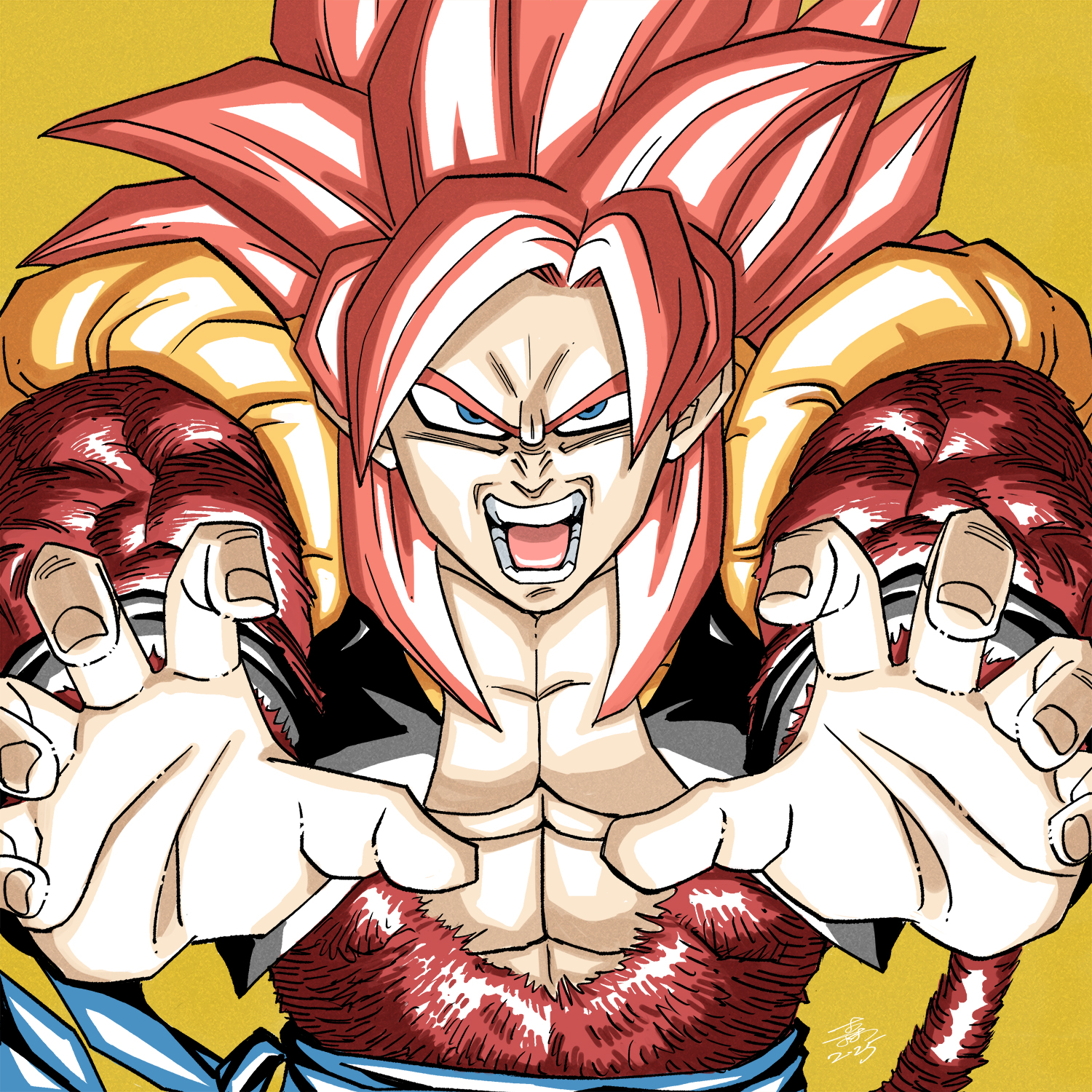 forest 1988, gogeta, dragon ball, highres, 1boy, big bang kamehameha, blue eyes, blue sash, body fur, dougi, kamehameha (dragon ball), long hair, looking at viewer, male focus, metamoran vest, monkey boy, monkey tail, muscular, muscular male, no nipples, pants, pectorals, red fur, red hair, saiyan, sash, solo, spiked hair, super saiyan, super saiyan 4, tail