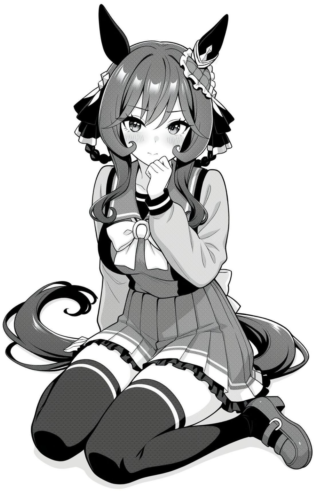akagi koku, gentildonna (umamusume), umamusume, commentary, highres, 1girl, animal ears, back bow, blush, bow, bowtie, breasts, closed mouth, collarbone, frilled skirt, frills, full body, greyscale, hair ribbon, hand up, horse ears, horse girl, horse tail, large breasts, long hair, long sleeves, looking at viewer, monochrome, pleated skirt, ribbon, sailor collar, school uniform, shirt, shoes, simple background, sitting, skirt, solo, tail, thighhighs, tracen school uniform, wariza, zettai ryouiki