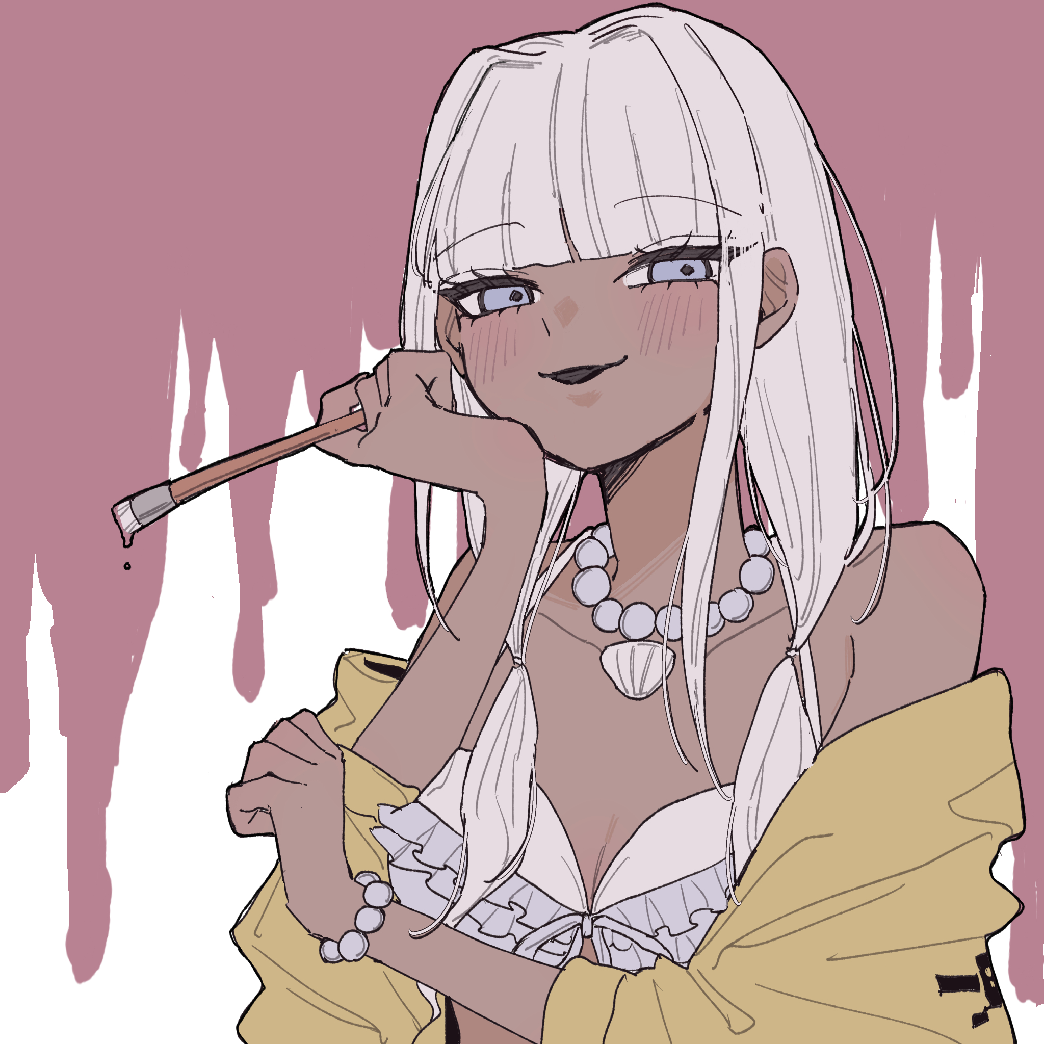 raamensusure, yonaga angie, danganronpa (series), danganronpa v3: killing harmony, commentary request, highres, 1girl, bead necklace, beads, bikini, blue eyes, blunt bangs, blush, breasts, cleavage, collarbone, dark-skinned female, dark skin, dripping, eyelashes, holding, holding paintbrush, jewelry, long hair, looking at viewer, low twintails, necklace, off shoulder, open mouth, paintbrush, raincoat, shell, shell necklace, smile, smug, solo, swimsuit, twintails, upper body, white hair, yellow raincoat