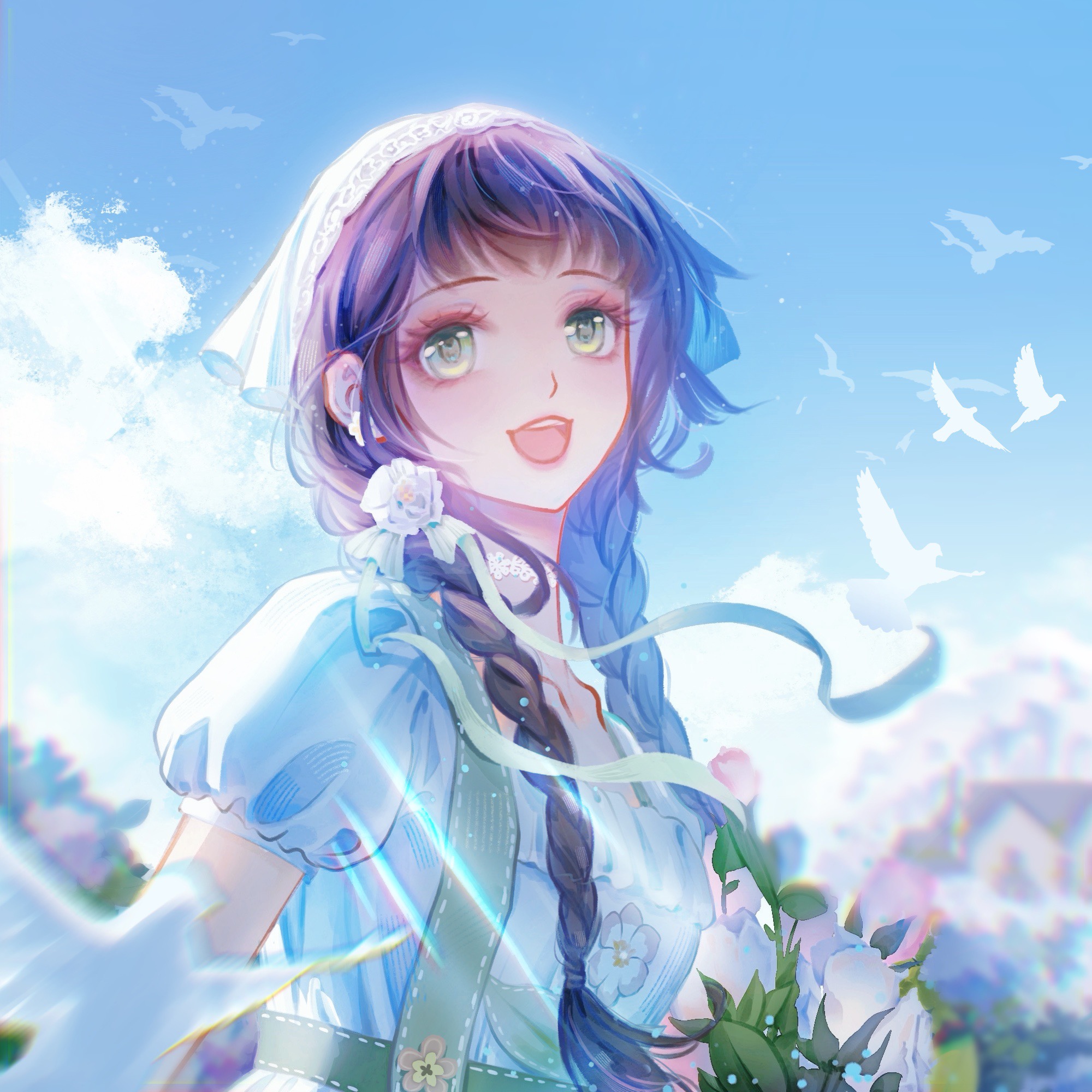 infinity nikki, nikki (series), commission, highres, 1girl, basket, bird, blue sky, bow, bow earrings, braid, brown hair, choker, cloud, collarbone, country lolita, day, dove, earrings, eyelashes, eyeshadow, flock, floral print, flower, flower choker, flower earrings, frilled shirt, frills, green bow, green eyes, green skirt, hair over shoulder, happy, high-waist skirt, holding, holding basket, in-universe location, jewelry, lace, lace choker, light particles, light rays, lipstick, lolita fashion, long hair, makeup, open mouth, outdoors, pink eyeshadow, pink flower, pink lips, puffy short sleeves, puffy sleeves, qianlang-xiuxianpaidadizi, ribbon-trimmed skirt, ribbon trim, shirt, short sleeves, skirt, sky, smile, solo, spring blossom (infinity nikki), square neckline, sunlight, suspender skirt, suspenders, teeth, tulip, twin braids, upper body, upper teeth only, white choker, white flower, white shirt, wind