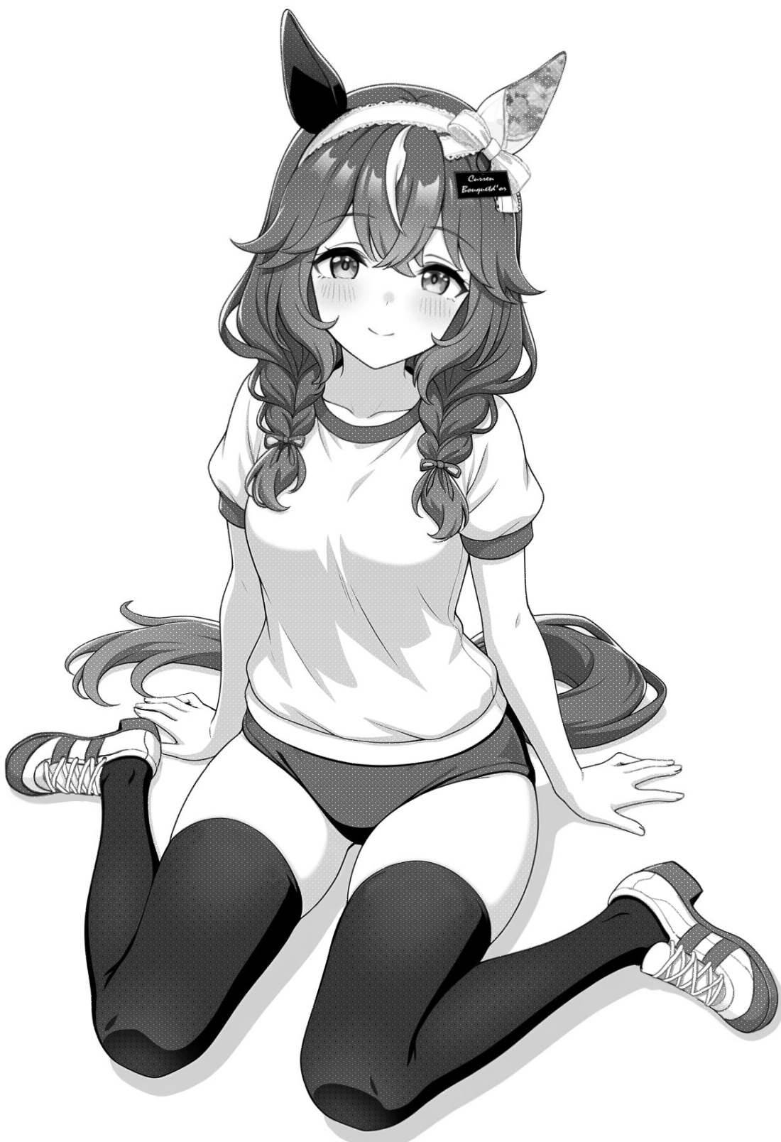 akagi koku, curren bouquetd'or (umamusume), umamusume, commentary, highres, 1girl, animal ears, blush, braid, buruma, closed mouth, collarbone, full body, greyscale, gym shirt, gym uniform, hair between eyes, hairband, horse ears, horse girl, horse tail, long hair, looking at viewer, monochrome, shirt, shoes, short sleeves, simple background, sitting, smile, sneakers, solo, tail, thighhighs, twin braids, wariza