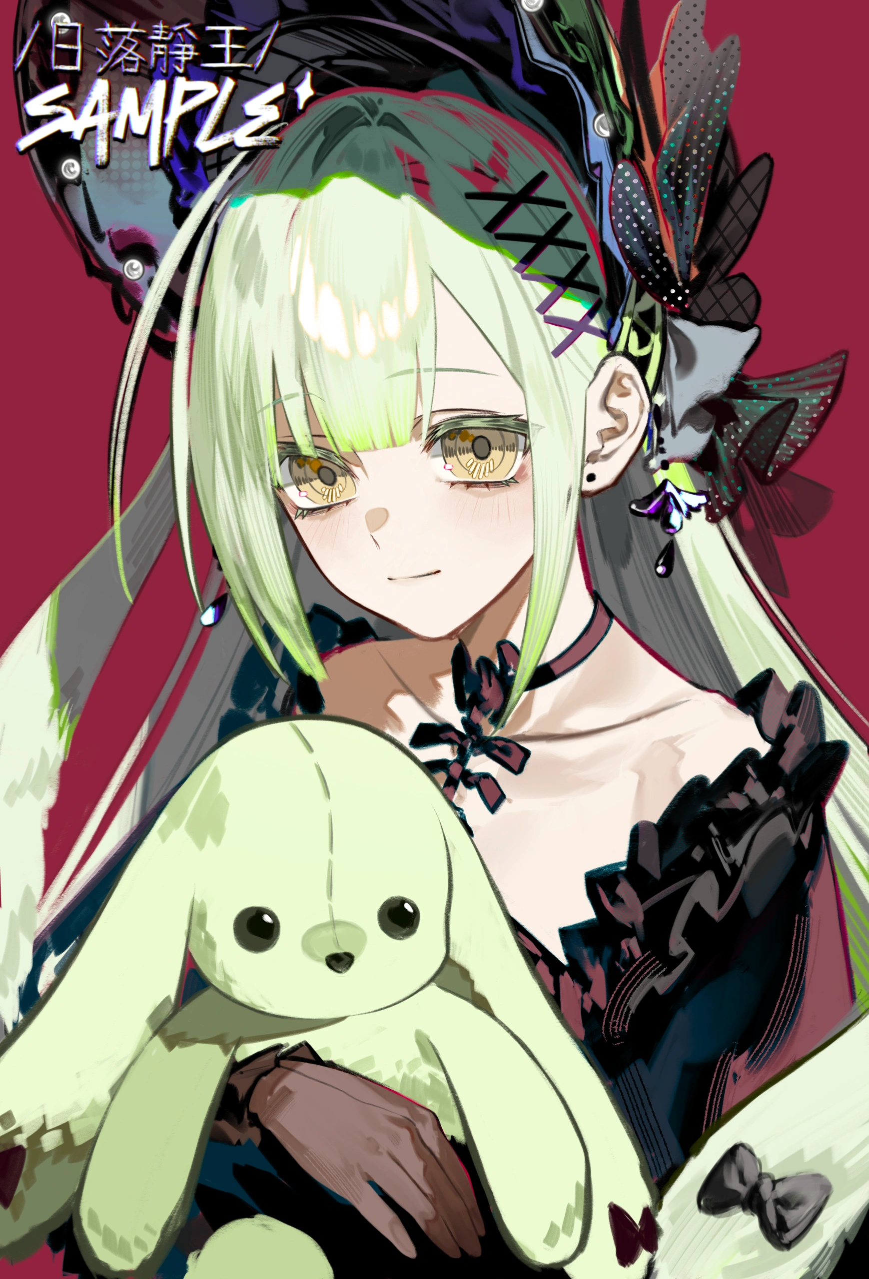 ri luo25831, wakaba mutsumi, arknights, bang dream!, bang dream! it's mygo!!!!!, absurdres, chinese commentary, commentary request, highres, 1girl, animal ears, black bonnet, black choker, black dress, bonnet, choker, closed mouth, dress, floppy ears, gloves, gothic lolita, green hair, hair ornament, holding, holding stuffed toy, lolita fashion, looking at viewer, purple background, rabbit ears, rabbit girl, sample watermark, sidelocks, smile, solo, stuffed animal, stuffed rabbit, stuffed toy, upper body, wakaba mutsumi (marionette's id), watermark, x hair ornament, yellow eyes