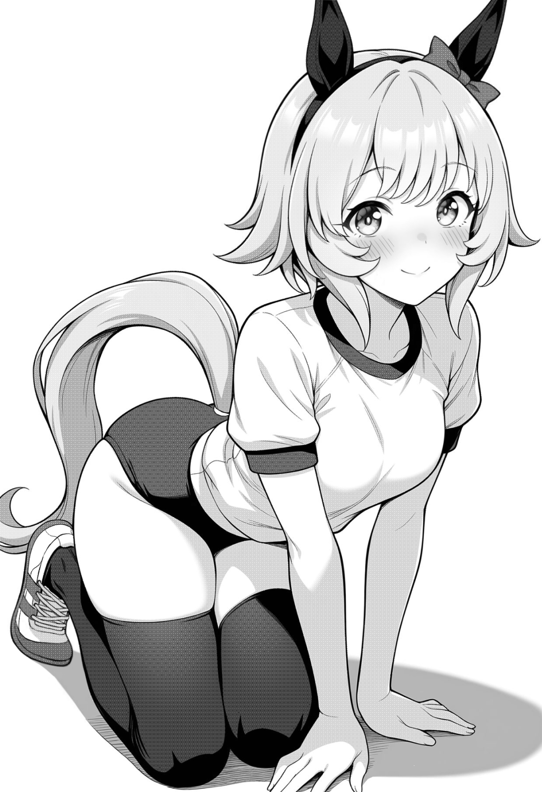 akagi koku, curren chan (umamusume), umamusume, commentary, highres, 1girl, all fours, animal ears, blush, bow, buruma, closed mouth, collarbone, ear bow, full body, greyscale, gym shirt, gym uniform, hairband, horse ears, horse girl, horse tail, looking at viewer, monochrome, shirt, shoes, short hair, short sleeves, simple background, smile, sneakers, solo, tail, thighhighs