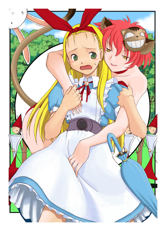 alice (alice in wonderland), cheshire cat (alice in wonderland), white rabbit (alice in wonderland), alice's adventures in wonderland, jpeg artifacts, 1boy, 1girl, blonde hair, card, green eyes, imminent rape, red hair, slit pupils, surprised, tree, umbrella, yellow eyes
