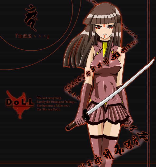 hinazuki ririna, lilith (beatmania), beatmania iidx, beatmania iidx 10th style, bemani, 1girl, dress, female focus, hime cut, looking at viewer, short dress, simple background, solo, sword, thighhighs, weapon