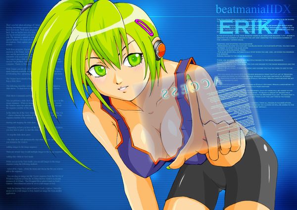 kitami erika, beatmania iidx, bemani, 1girl, bike shorts, breasts, cleavage, female focus, green eyes, green hair, large breasts, matching hair/eyes, ponytail, solo