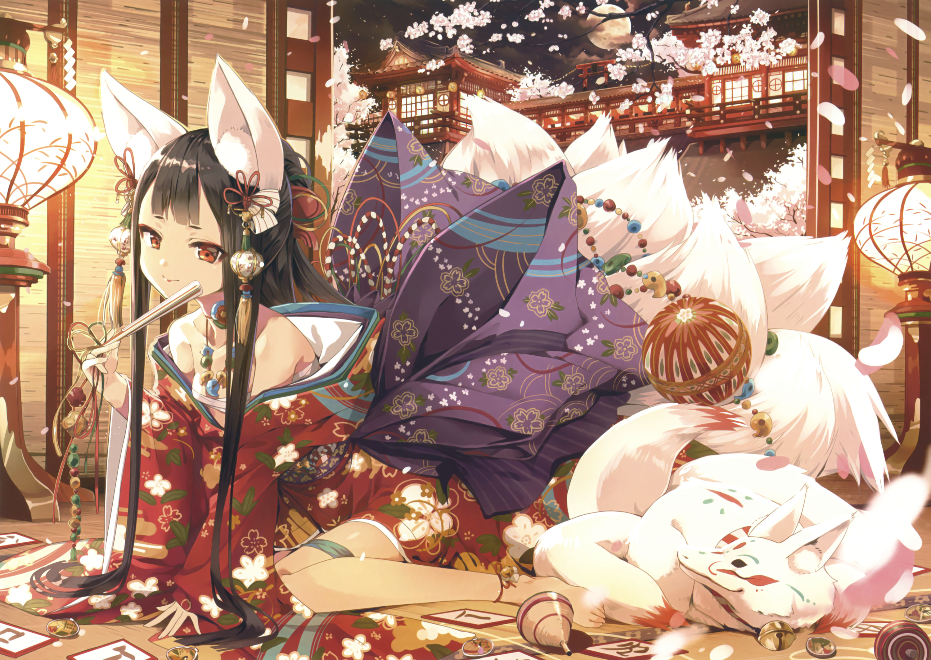 cura, eshi 100 nin ten, original, highres, scan, 1girl, animal ears, architecture, bare shoulders, barefoot, bell, black hair, blunt bangs, cherry blossoms, closed mouth, collarbone, east asian architecture, floral print, folding fan, fox, fox ears, fox girl, fox tail, hair ribbon, hand fan, holding, japanese clothes, jewelry, jingle bell, kimono, kitsune, kyuubi, lamp, lantern, lipstick, long hair, looking at viewer, magatama, magatama necklace, makeup, multiple tails, necklace, night, ofuda, paper lantern, red eyes, red kimono, ribbon, sarashi, sidelocks, sitting, smile, solo, tail, torii