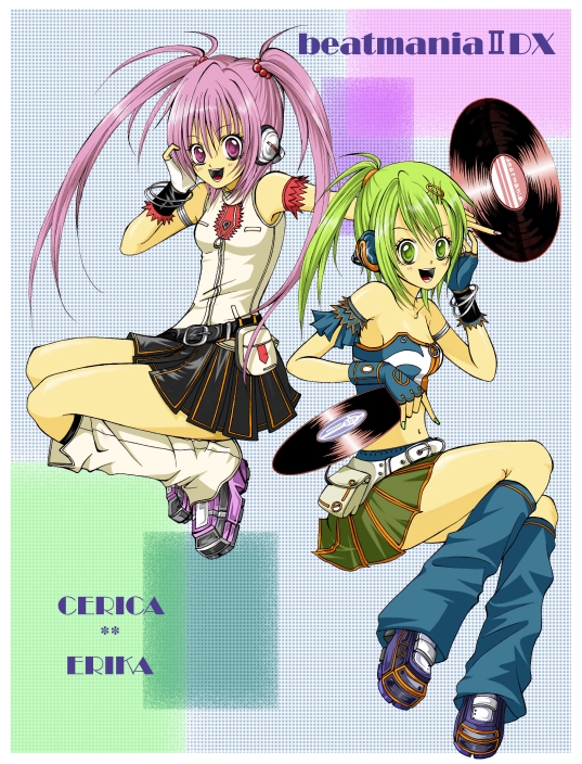 kitami erika, mizushiro celica, beatmania iidx, beatmania iidx 10th style, bemani, white footwear, 2girls, belt, boots, brown skirt, buckle, green hair, knee boots, looking at viewer, midriff, multiple girls, navel, pink hair, ponytail, short hair, skirt, thighhighs