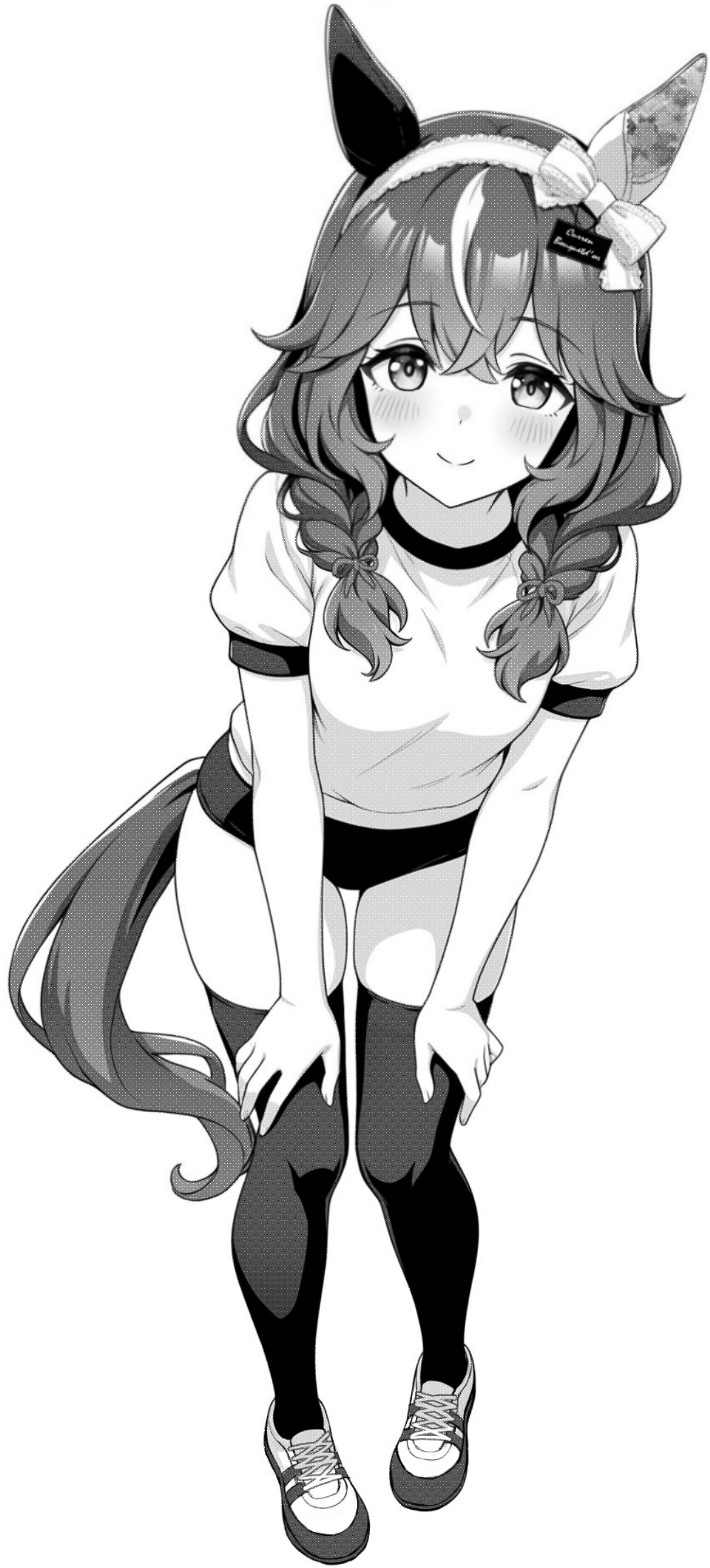 akagi koku, curren bouquetd'or (umamusume), umamusume, commentary, highres, 1girl, animal ears, blush, braid, buruma, closed mouth, full body, gym shirt, gym uniform, hair between eyes, hairband, horse ears, horse girl, horse tail, leaning forward, long hair, looking at viewer, shirt, shoes, short sleeves, simple background, smile, sneakers, solo, standing, tail, thighhighs, twin braids