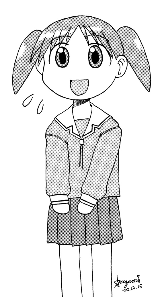 mihama chiyo, azumanga daiou, tagme, child, greyscale, monochrome, short twintails, solo, twintails