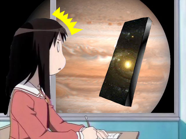 kasuga ayumu, 2001 a space odyssey, azumanga daiou, jpeg artifacts, 1girl, 2001, alien, classroom, dreaming, female focus, galaxy, indoors, jupiter (planet), monolith (object), notebook, parody, pencil, photo background, planet, school, school uniform, science fiction, serafuku, solo, star (sky), surprised, window