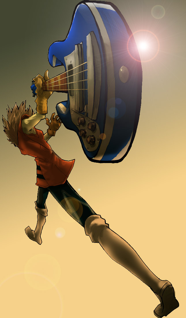 haruhara haruko, flcl, 00s, 1girl, bass guitar, boots, dress, female focus, from behind, gloves, gradient background, guitar, instrument, leggings, lens flare, pink hair, rickenbacker, rickenbacker 4001, short hair, solo