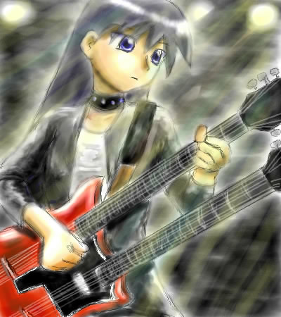 sakaki (azumanga daioh), azumanga daiou, lowres, 1girl, collar, double neck guitar, female focus, guitar, instrument, monochrome, music, sketch, solo