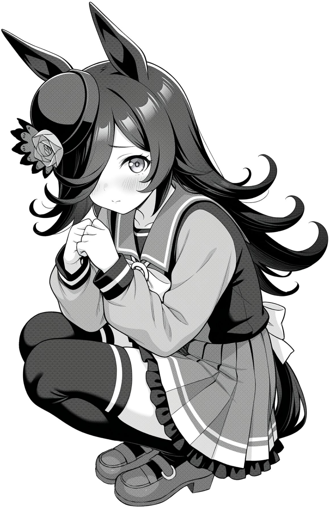akagi koku, rice shower (umamusume), umamusume, commentary, highres, 1girl, animal ears, back bow, blush, bow, bowtie, closed mouth, collarbone, frilled skirt, frills, full body, greyscale, hair over one eye, hat, horse ears, horse girl, horse tail, long hair, long sleeves, looking at viewer, monochrome, own hands together, pleated skirt, sailor collar, school uniform, shirt, shoes, simple background, skirt, solo, squatting, tail, thighhighs, tracen school uniform, zettai ryouiki