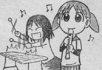 kasuga ayumu, mihama chiyo, azumanga daiou, lowres, 2girls, band (music), beamed quavers, child, flute, greyscale, instrument, monochrome, multiple girls, music, musical note, quaver, recorder, short twintails, sketch, twintails, xylophone