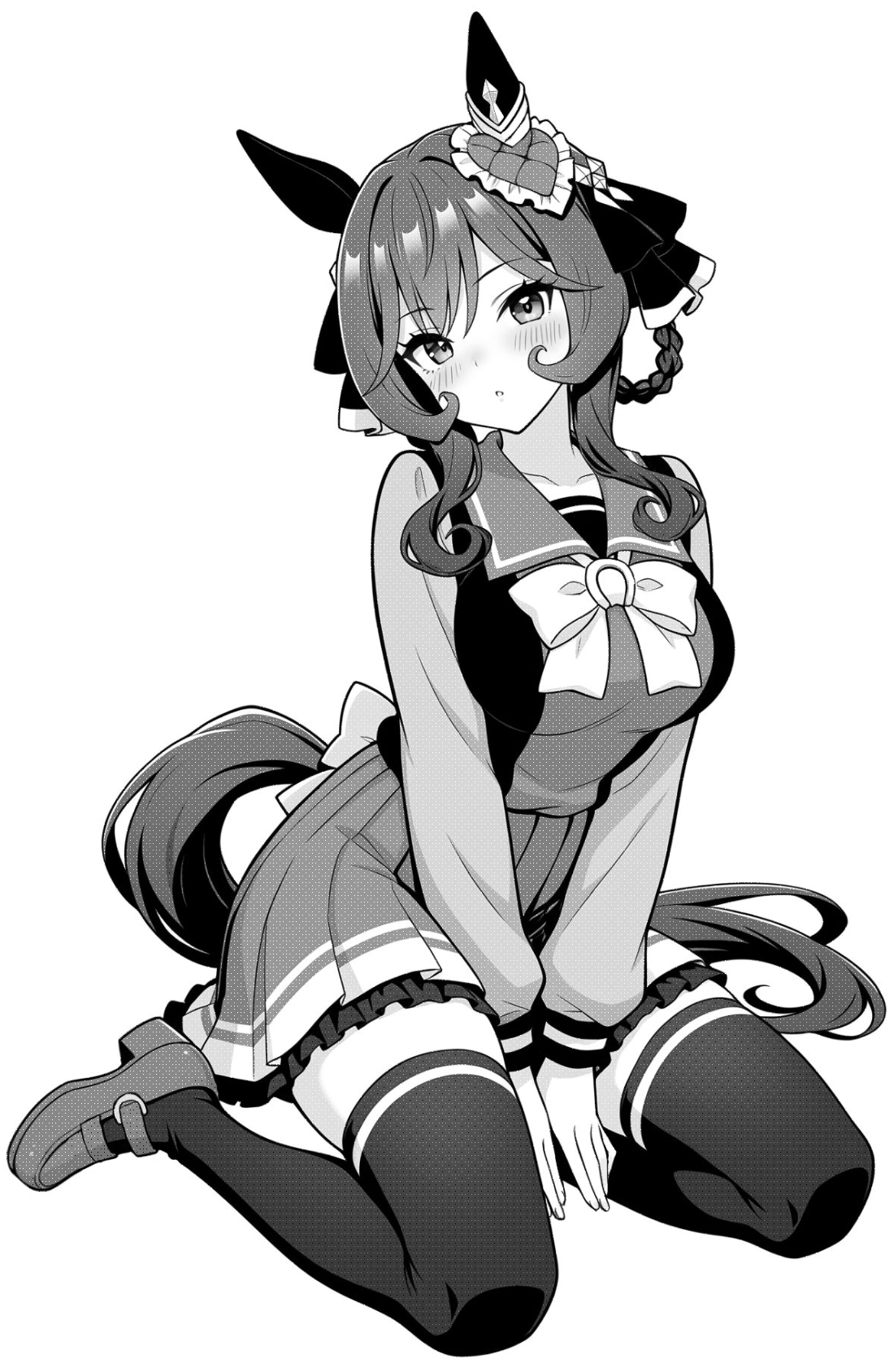 akagi koku, gentildonna (umamusume), umamusume, commentary, highres, 1girl, animal ears, back bow, blush, bow, bowtie, breasts, collarbone, frilled skirt, frills, full body, greyscale, hair ribbon, horse ears, horse girl, horse tail, large breasts, long hair, long sleeves, looking at viewer, monochrome, parted lips, pleated skirt, ribbon, sailor collar, school uniform, shirt, shoes, simple background, sitting, skirt, solo, tail, thighhighs, tracen school uniform, wariza, zettai ryouiki
